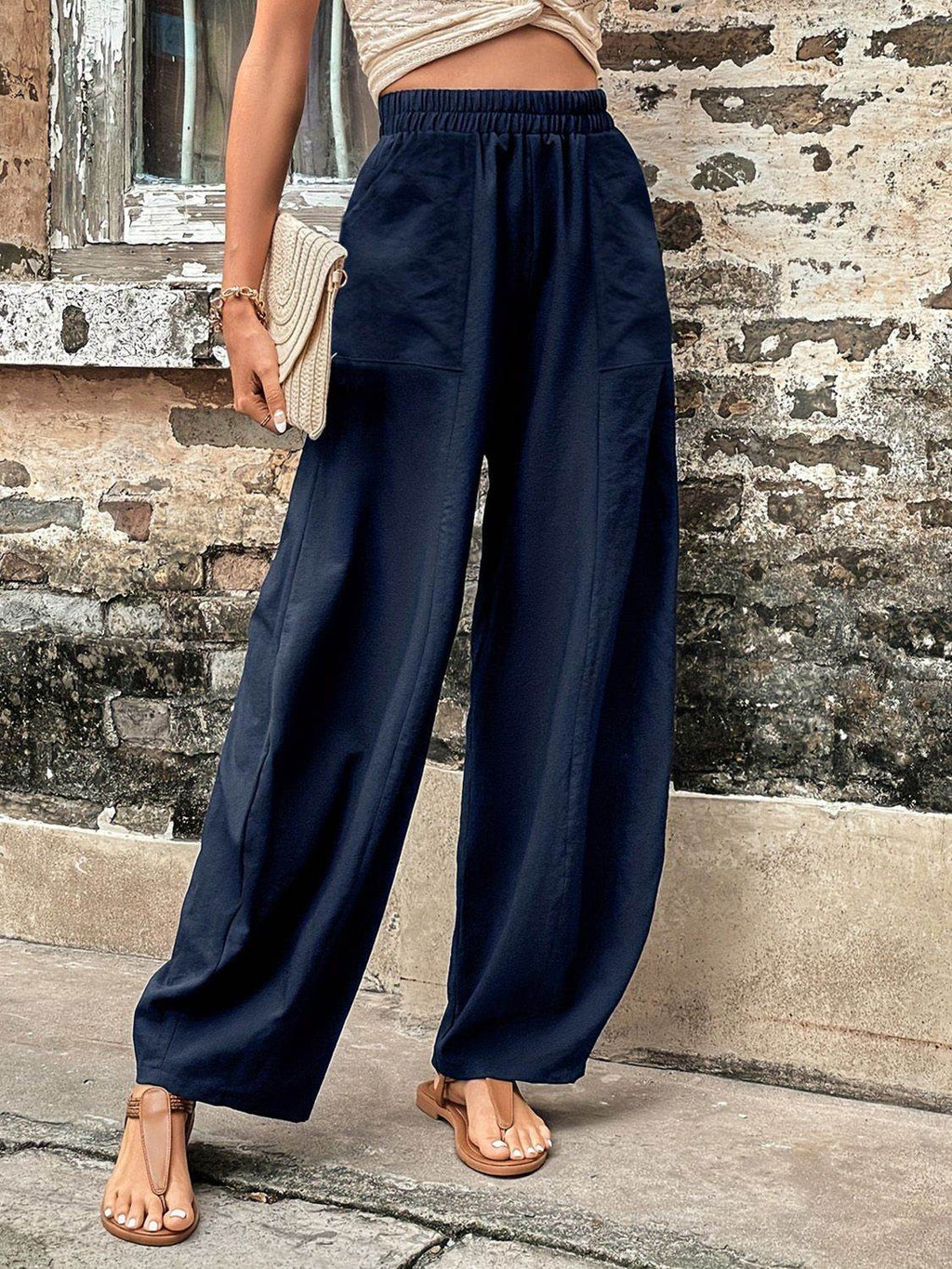 Elastic Waist Pants with Pockets - Delanoir
