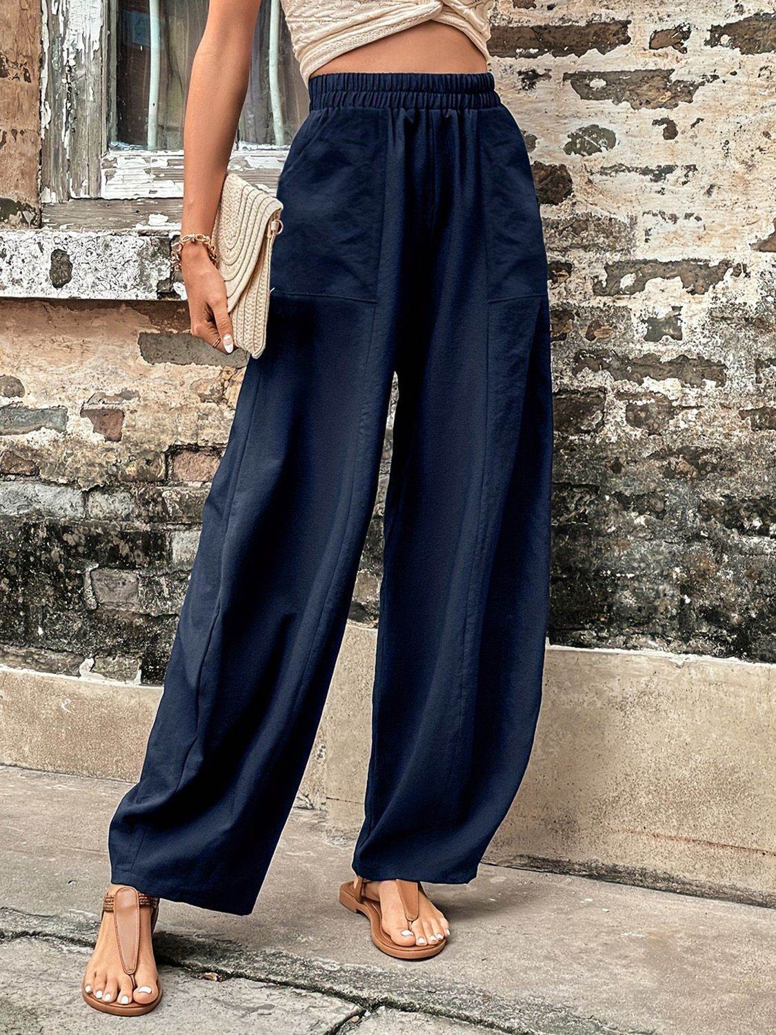 Elastic Waist Pants with Pockets - Delanoir