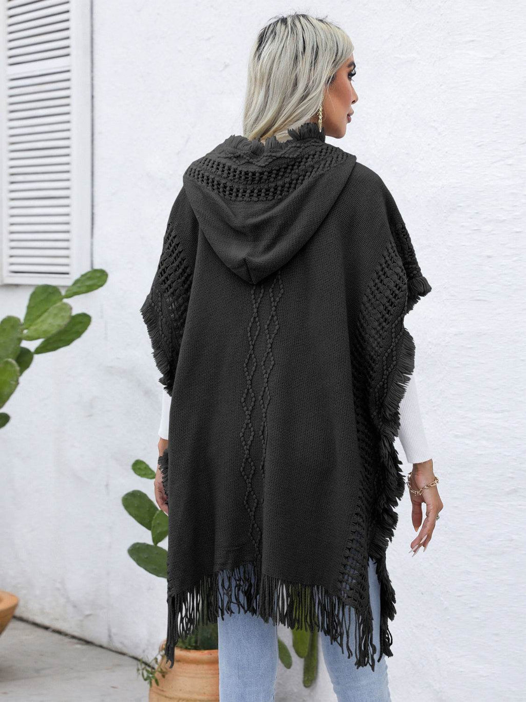 Fringe Trim Buttoned Hooded Poncho - Delanoir