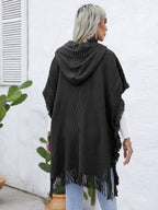 Fringe Trim Buttoned Hooded Poncho - Delanoir