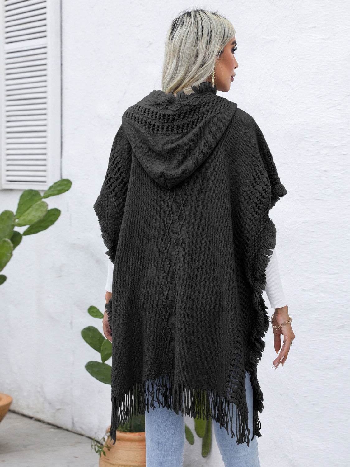 Fringe Trim Buttoned Hooded Poncho - Delanoir