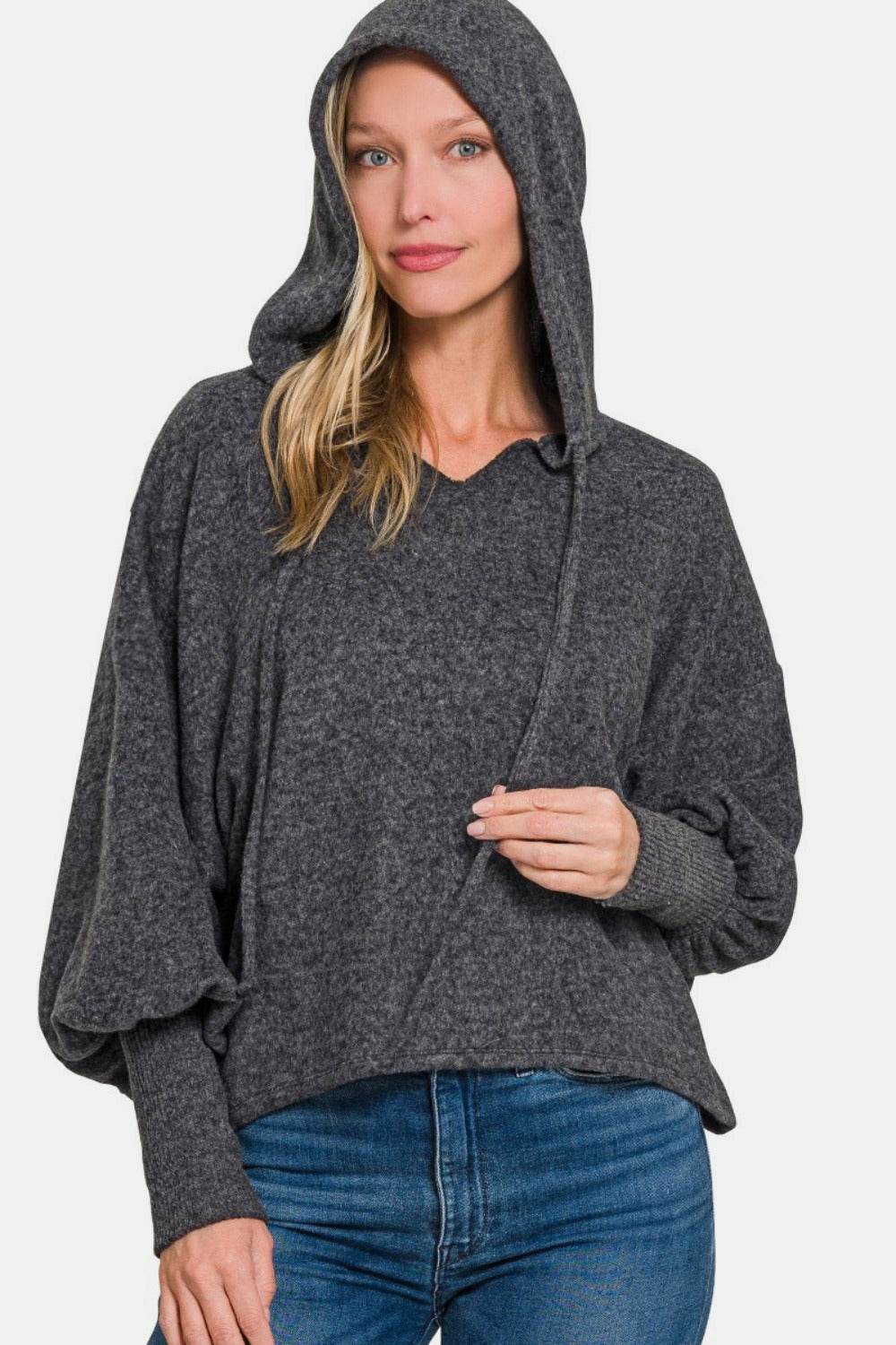 Zenana Brushed Hacci Drop Shoulder Cropped Hoodie - Delanoir