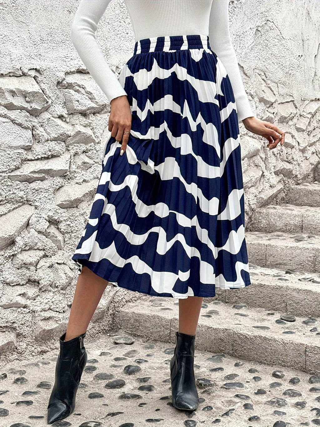 Pleated Printed Elastic Waist Skirt - Delanoir