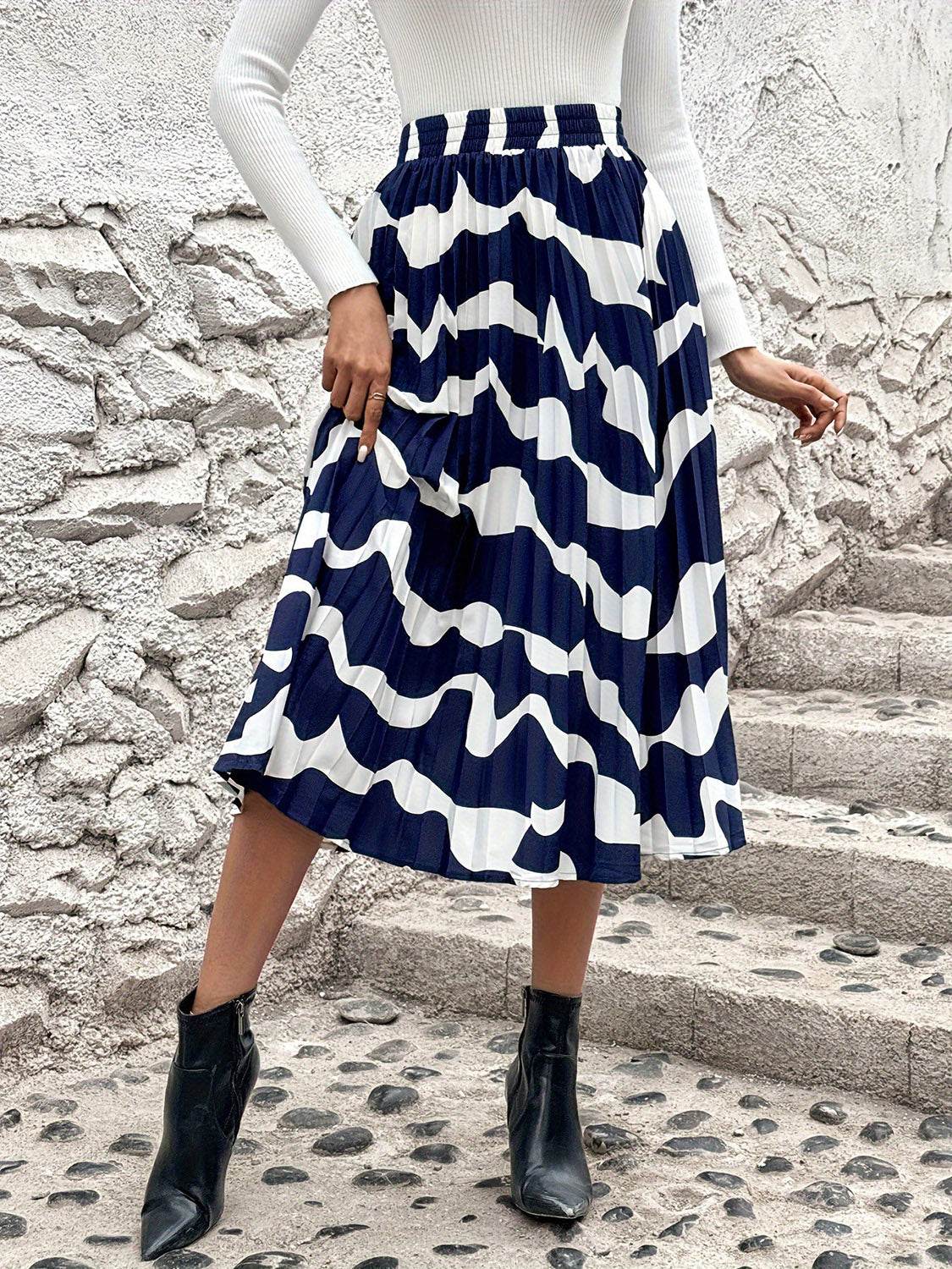 Pleated Printed Elastic Waist Skirt - Delanoir