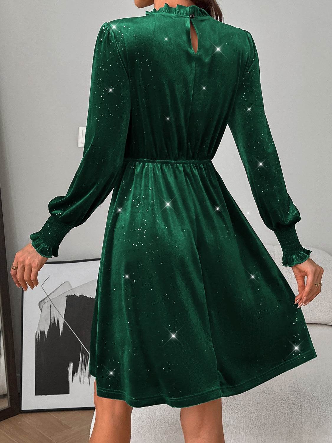 Glitter Mock Neck Long Sleeve Mini Dress - Delanoir
