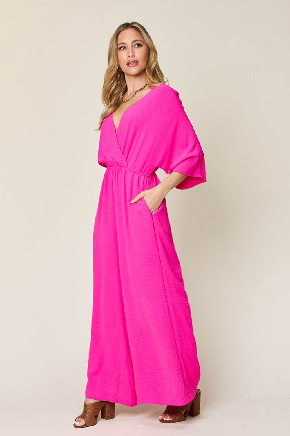 Double Take Full Size Surplice Wide Leg Jumpsuit with Pockets - Delanoir