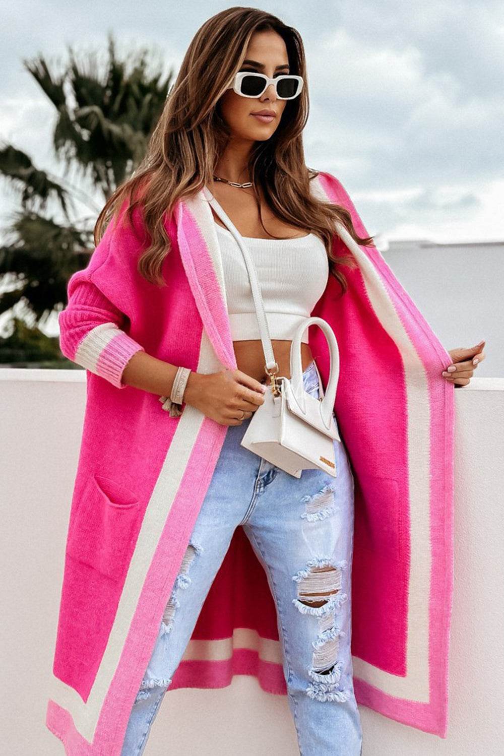 Pocketed Contrast Long Sleeve Hooded Cardigan - Delanoir