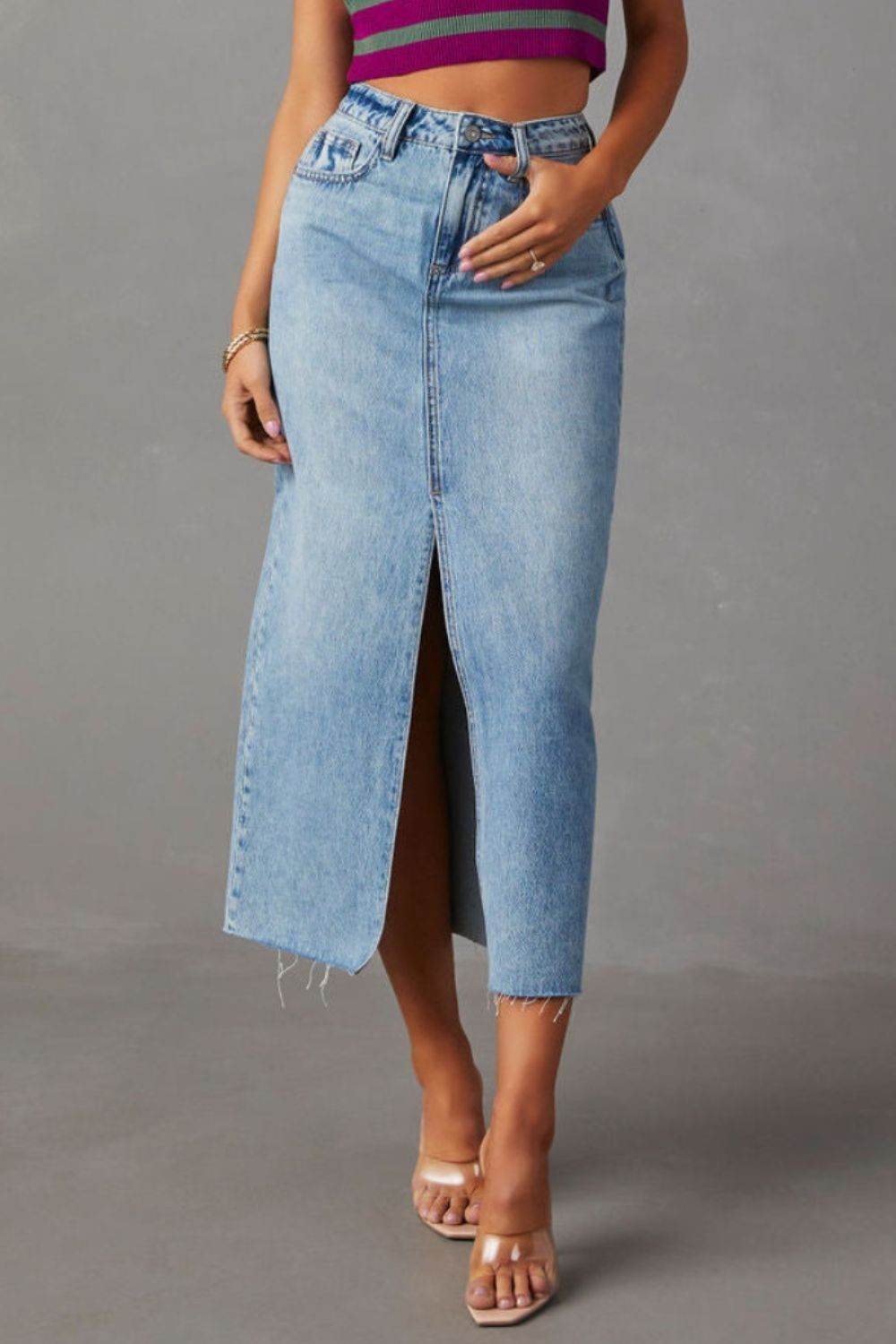 Slit Raw Hem Midi Denim Skirt - Delanoir