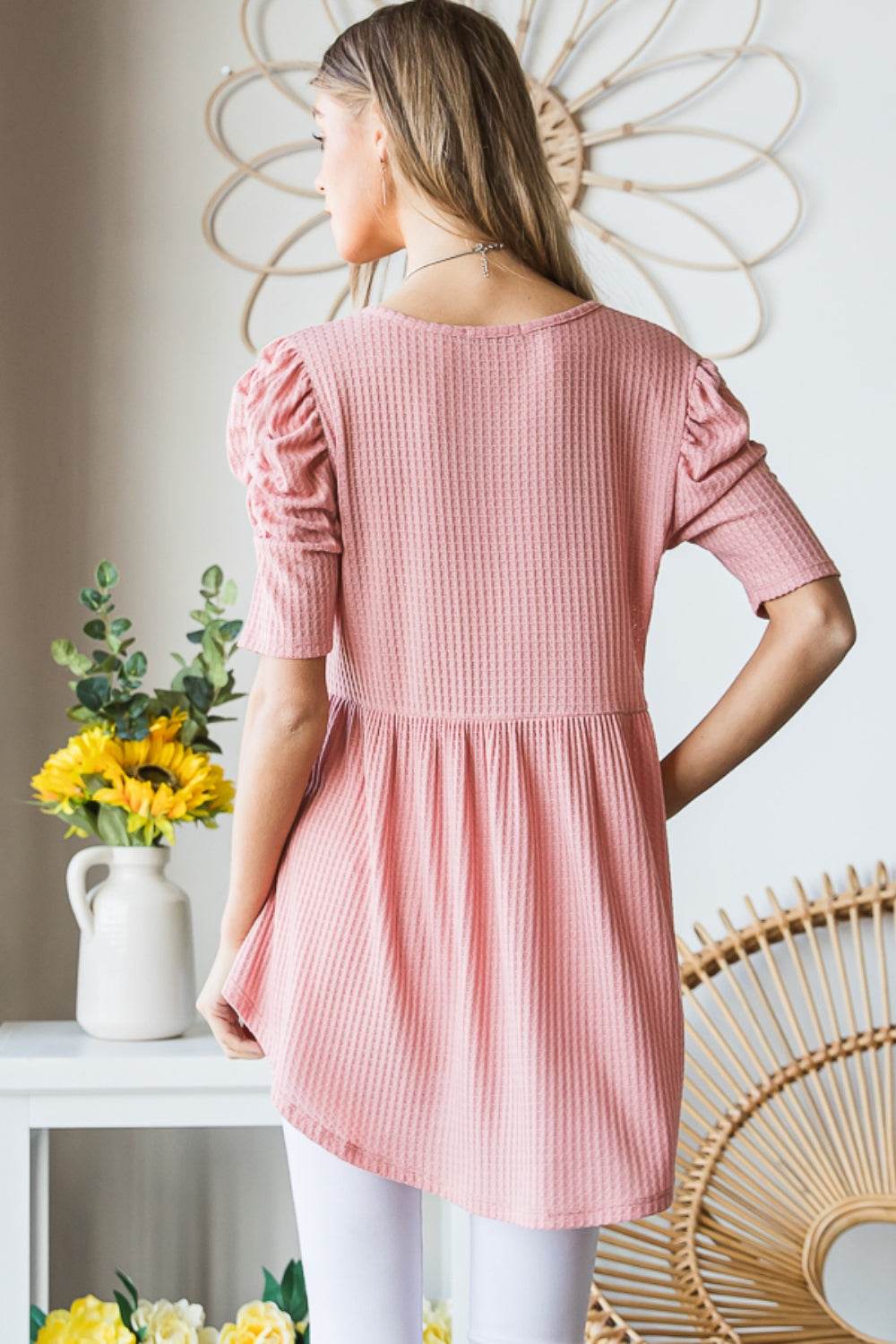 Heimish Full Size Waffle Knit V-Neck Babydoll Top - Delanoir