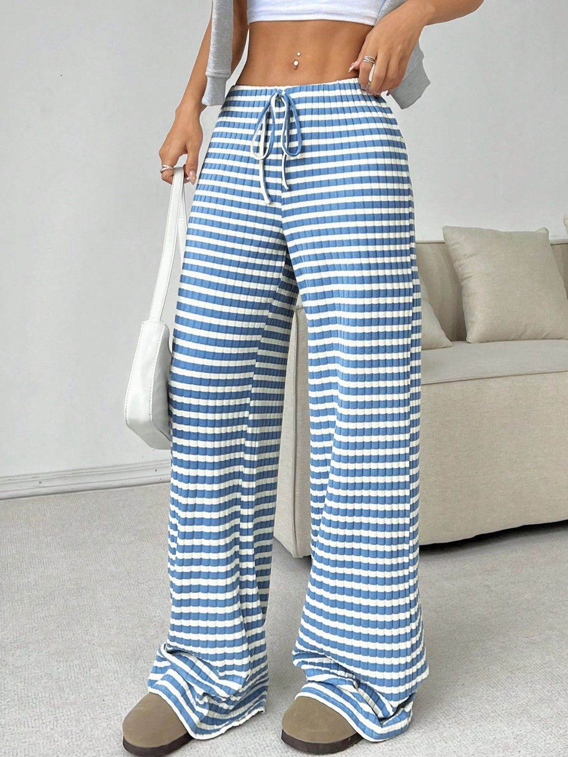 Tied Striped Wide Leg Pants - Delanoir