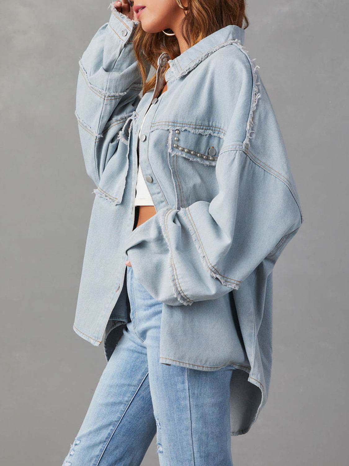 Button Down Raw Hem Denim Jacket - Delanoir