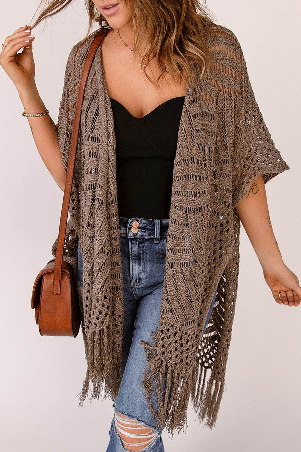 Fringe Hem Slit Open Front Cardigan - Delanoir
