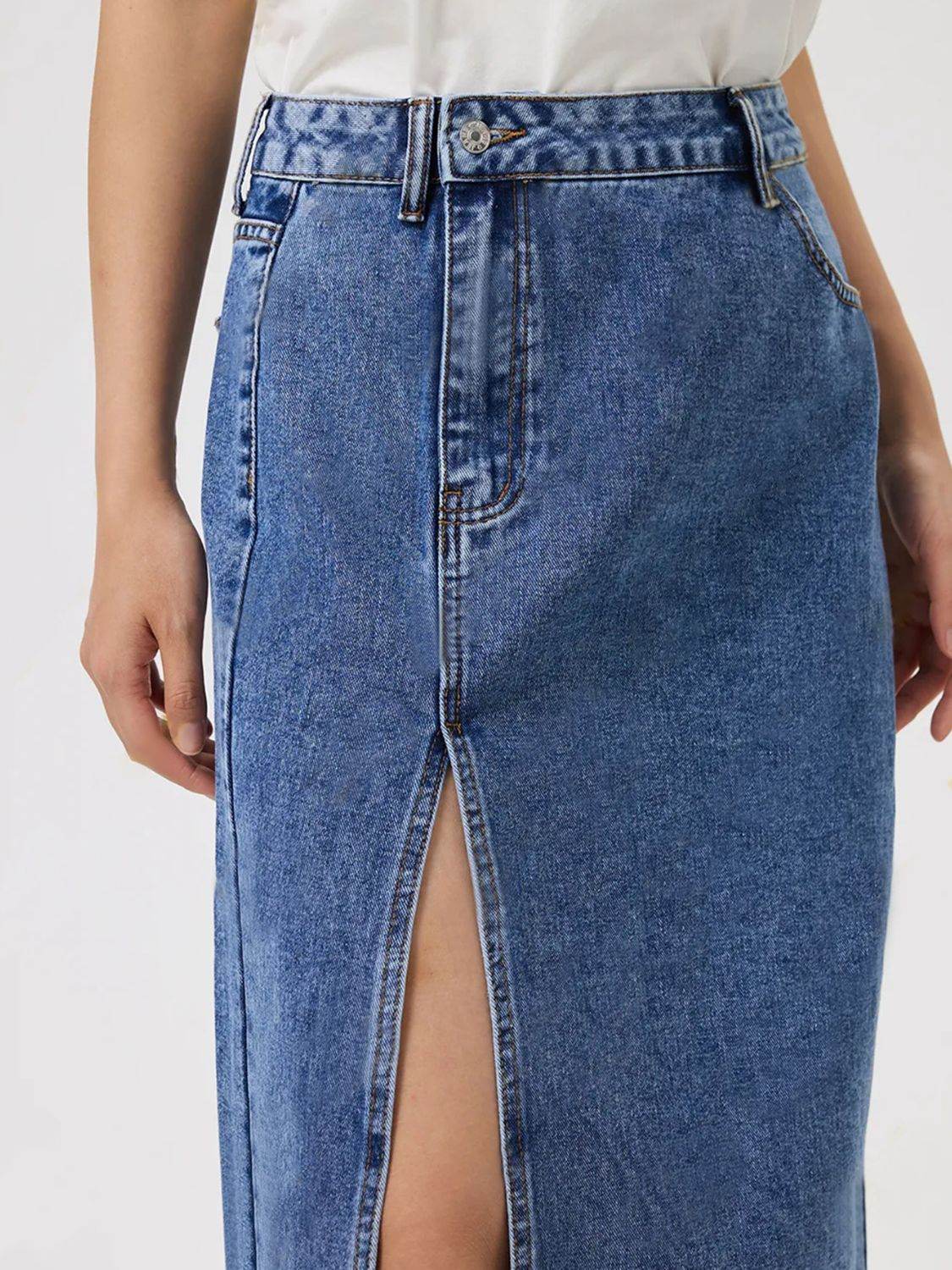 Slit Midi Denim Skirt with Pockets - Delanoir