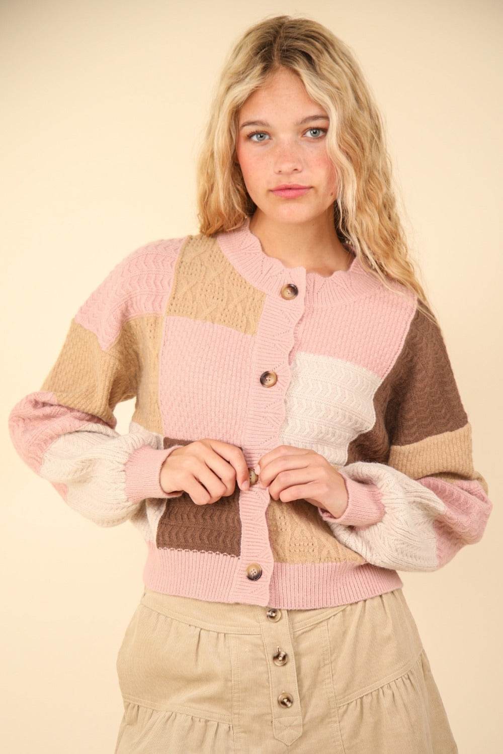 VERY J Color Block Button Down Textured Sweater Cardigan - Delanoir
