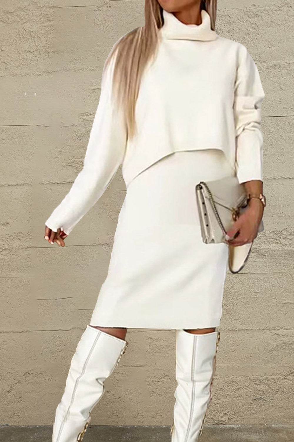 Turtleneck Dropped Shoulder Sweater and Midi Dress Sweater Set - Delanoir
