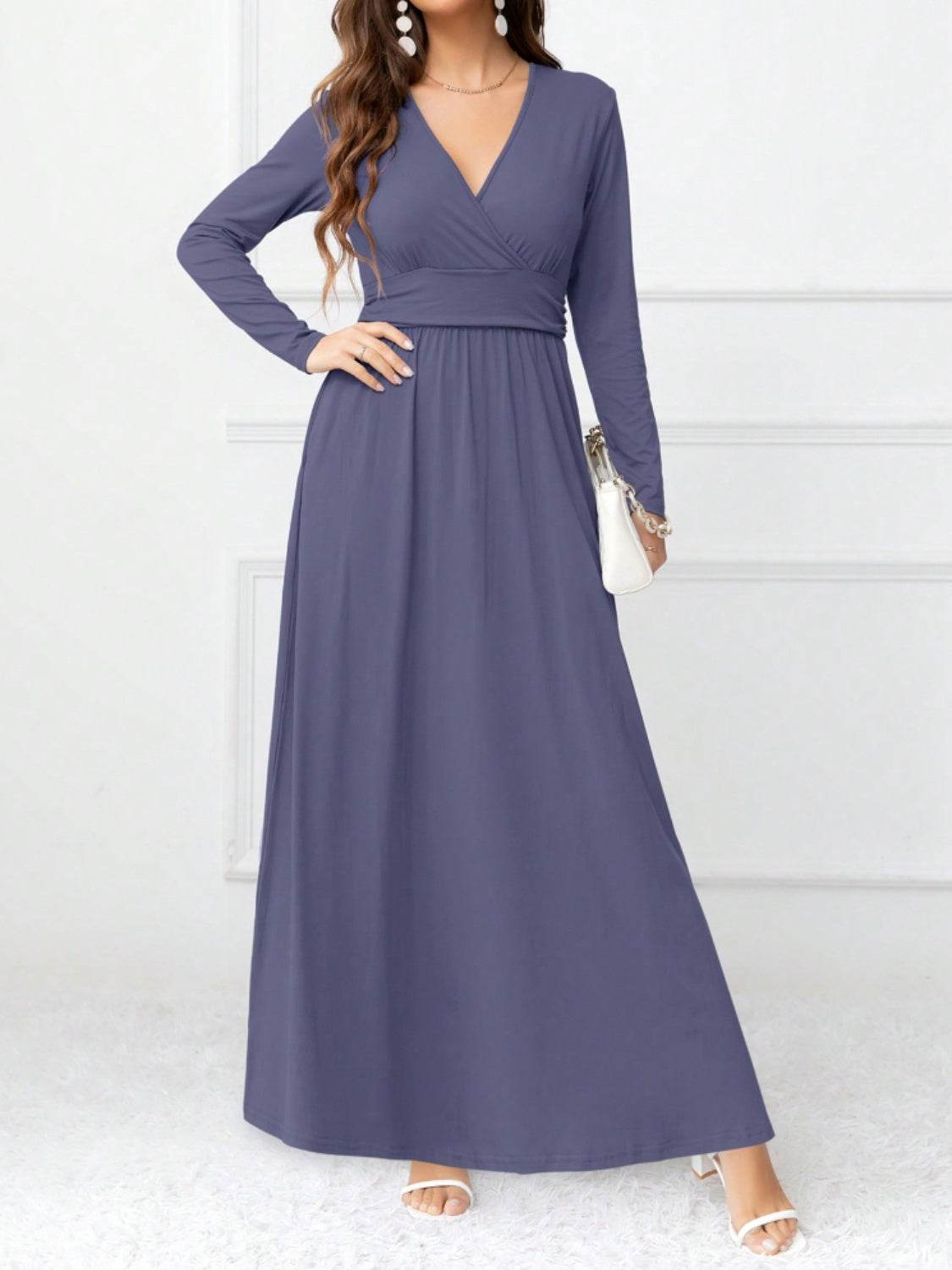 Pocketed Surplice Long Sleeve Maxi Dress - Delanoir