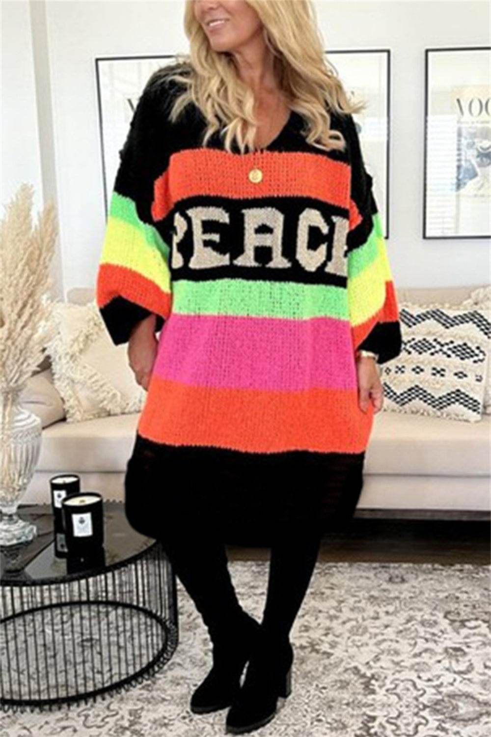 Color Block V-Neck Long Sleeve Sweater Dress - Delanoir