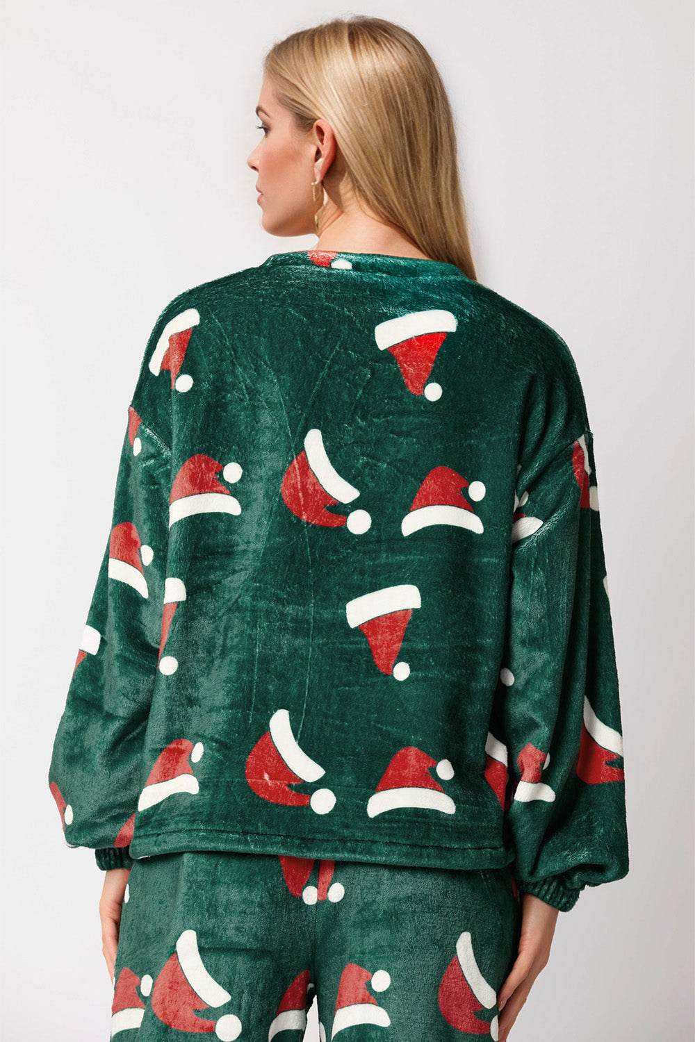 Christmas Hat Pattern Round Neck Long Sleeve Top and Pants Set - Delanoir
