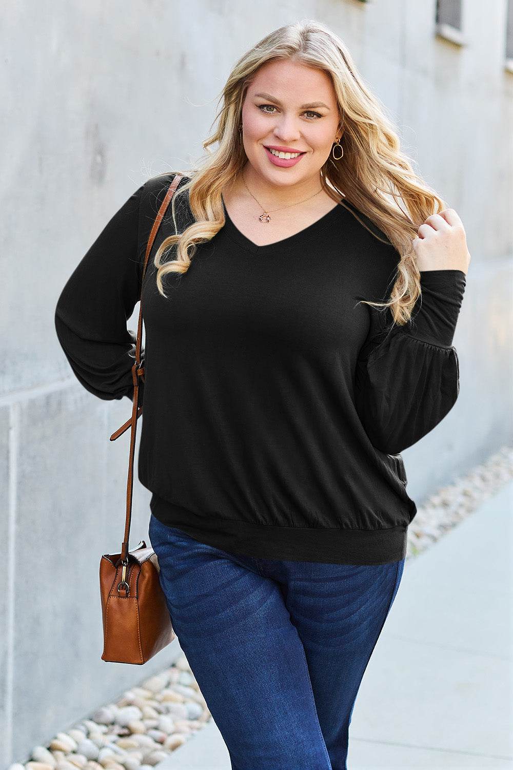 Basic Bae Full Size V-Neck Lantern Sleeve Top - Delanoir