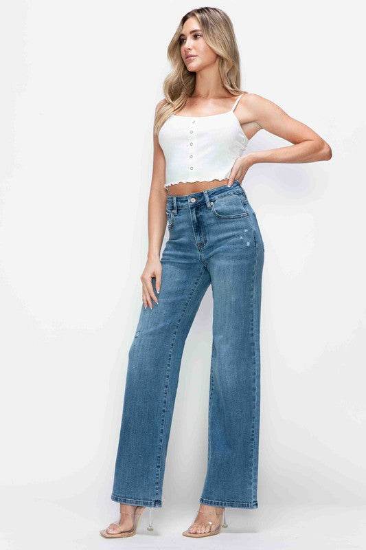 bytos Full Size High Rise Wide Leg Jeans with Pockets - Delanoir