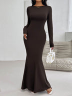 Devine Backless Round Neck Long Sleeve Maxi Dress - Delanoir