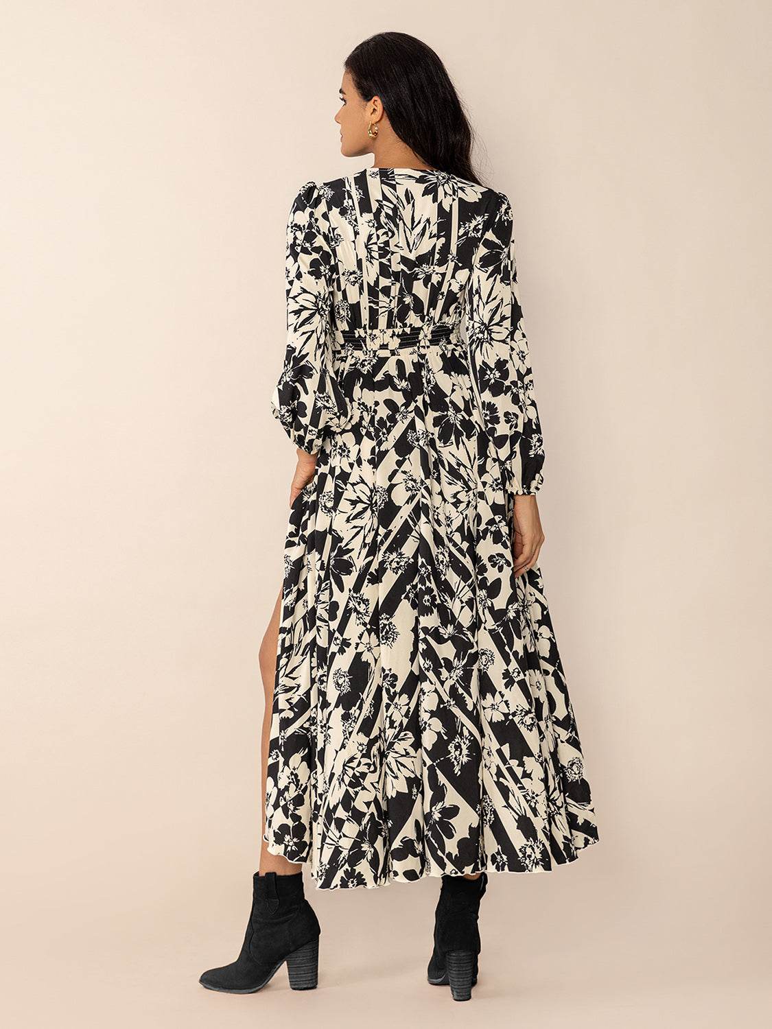 Tied Printed V-Neck Long Sleeve Midi Dress - Delanoir