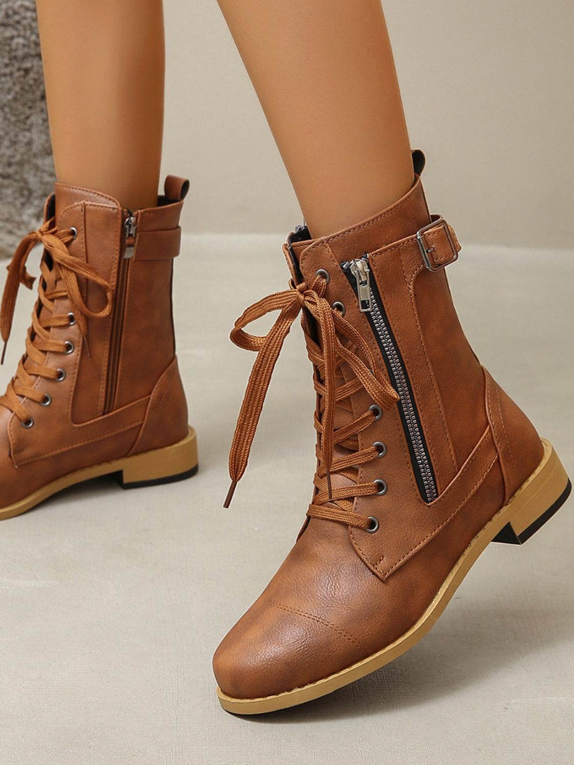 PU Leather Lace-Up Boots - Delanoir