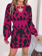 Contrast Round Neck Cutout Long Sleeve Mini Sweater Dress - Delanoir