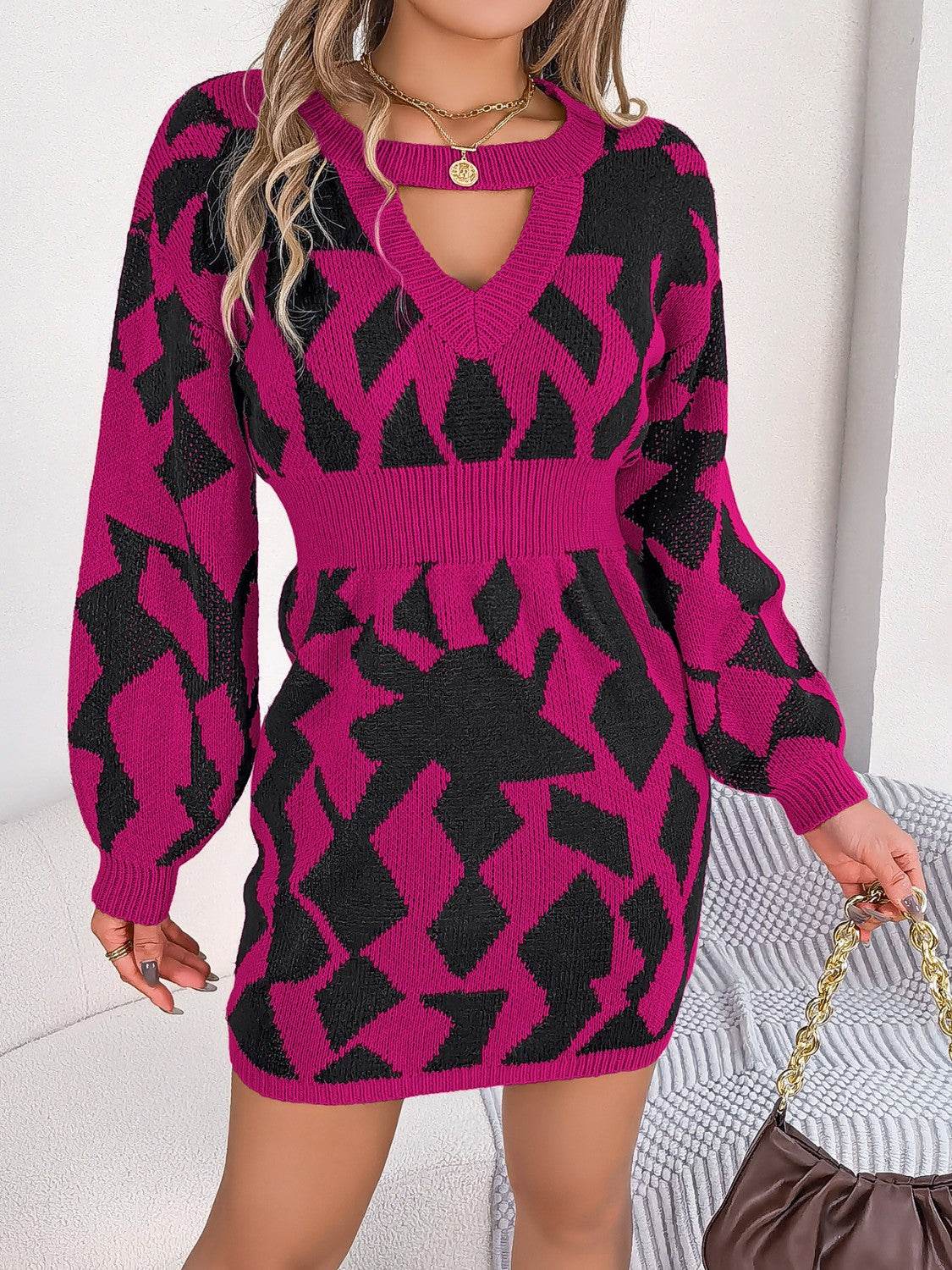 Contrast Round Neck Cutout Long Sleeve Mini Sweater Dress - Delanoir