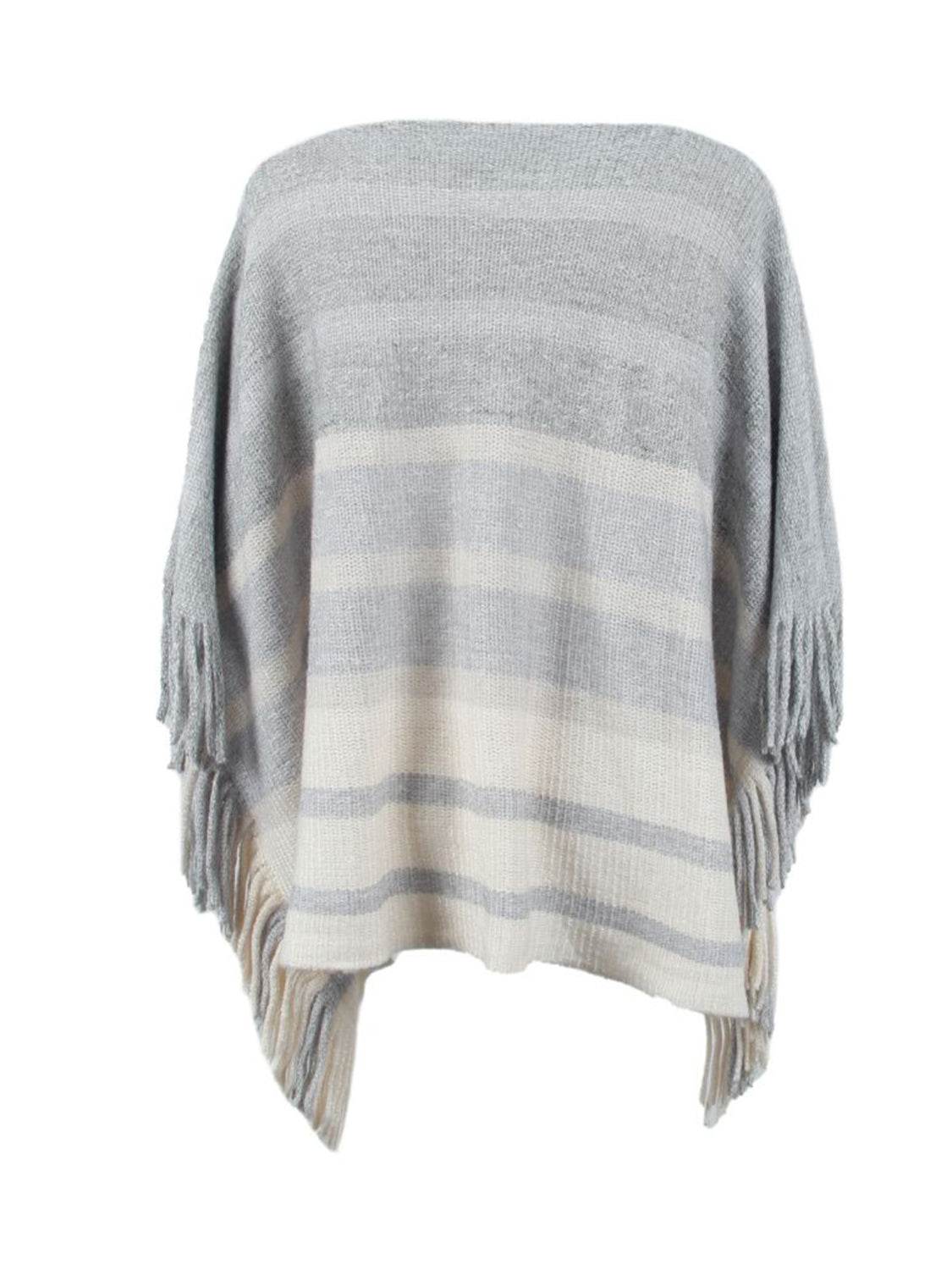 Striped Boat Neck Poncho with Fringes - Delanoir