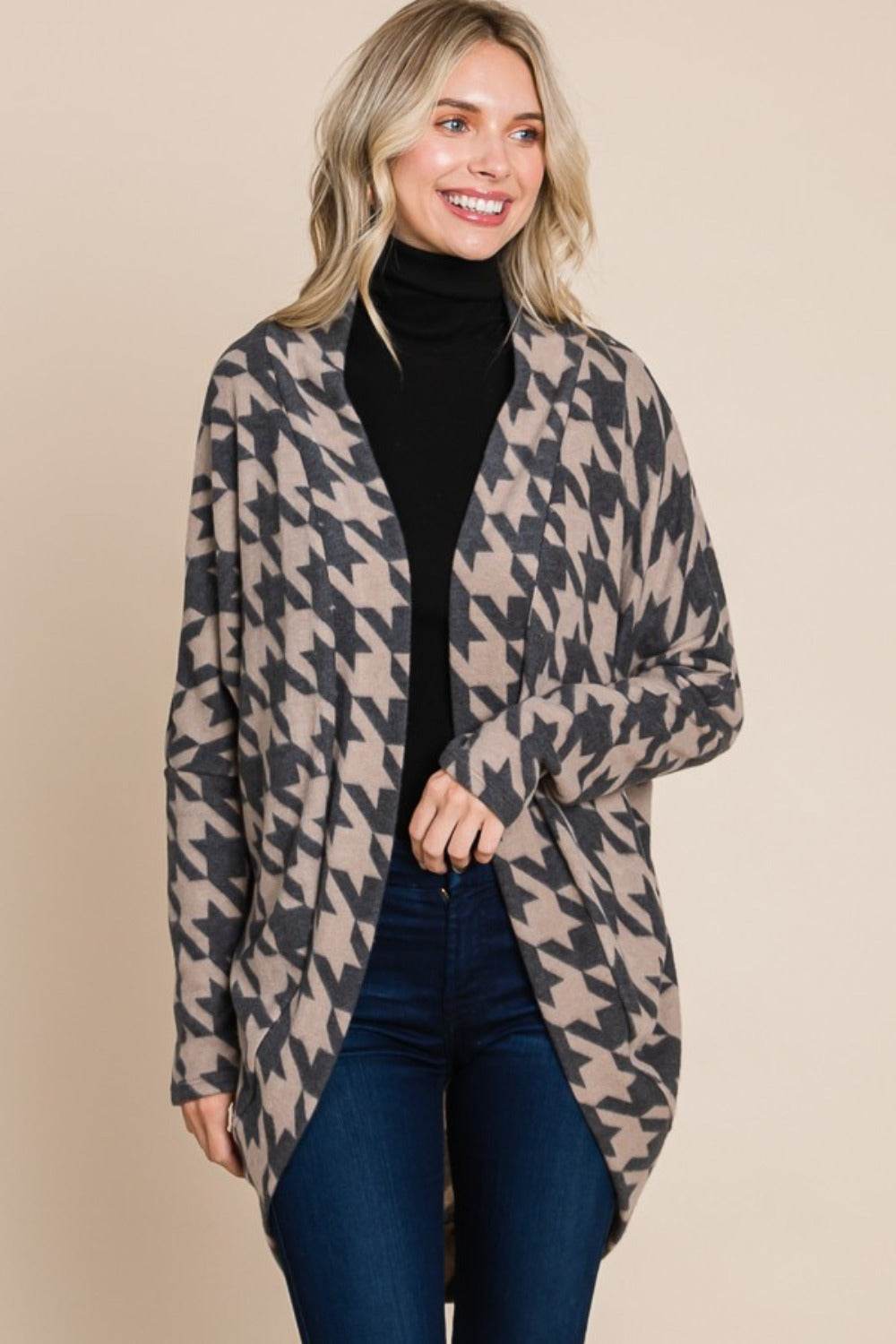 BOMBOM Houndstooth Open Front Cocoon Knit Cardigan - Delanoir