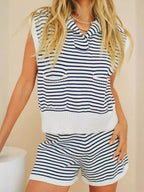 Striped Cap Sleeve Top and Shorts Sweater Set - Delanoir