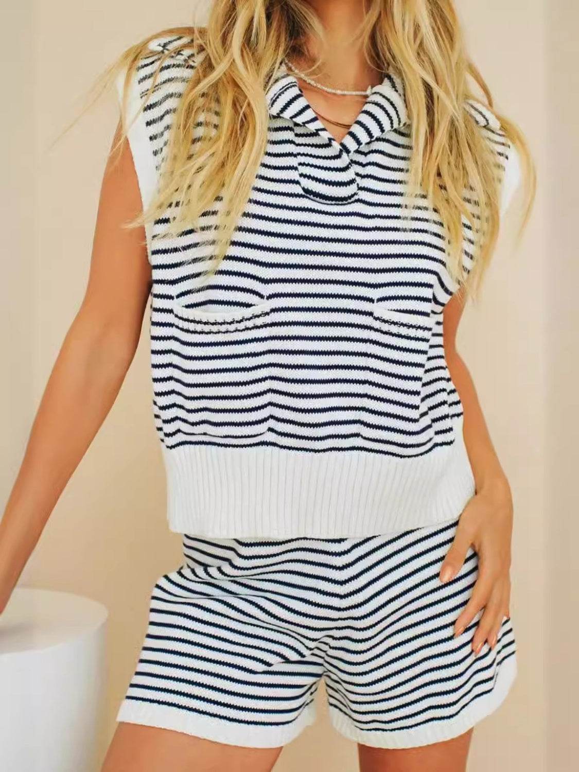 Striped Cap Sleeve Top and Shorts Sweater Set - Delanoir