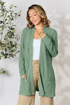 Basic Bae Full Size Ribbed Open Front Cardigan with Pockets - Delanoir