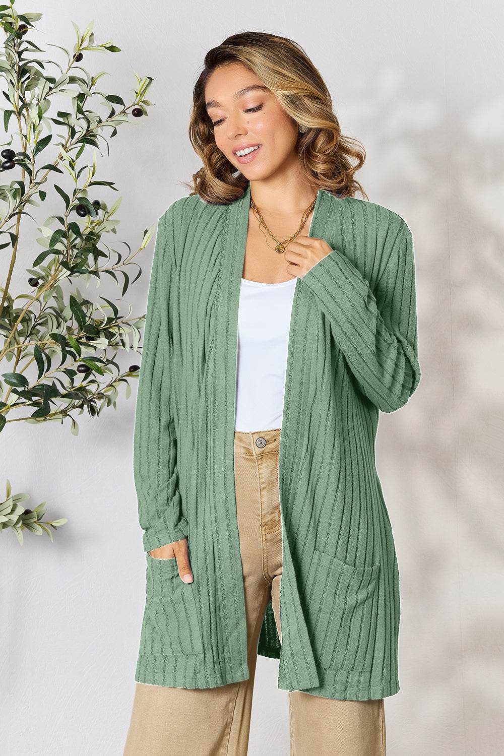 Basic Bae Full Size Ribbed Open Front Cardigan with Pockets - Delanoir