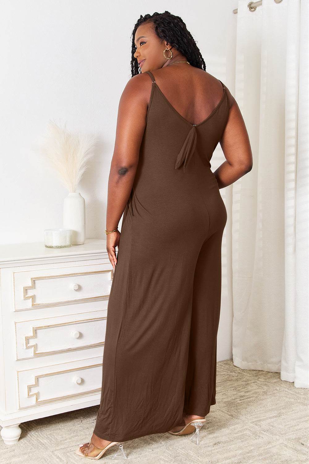 Double Take Full Size Soft Rayon Spaghetti Strap Tied Wide Leg Jumpsuit - Delanoir