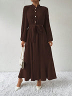Half Button Tie Waist Long Sleeve Maxi Dress - Delanoir