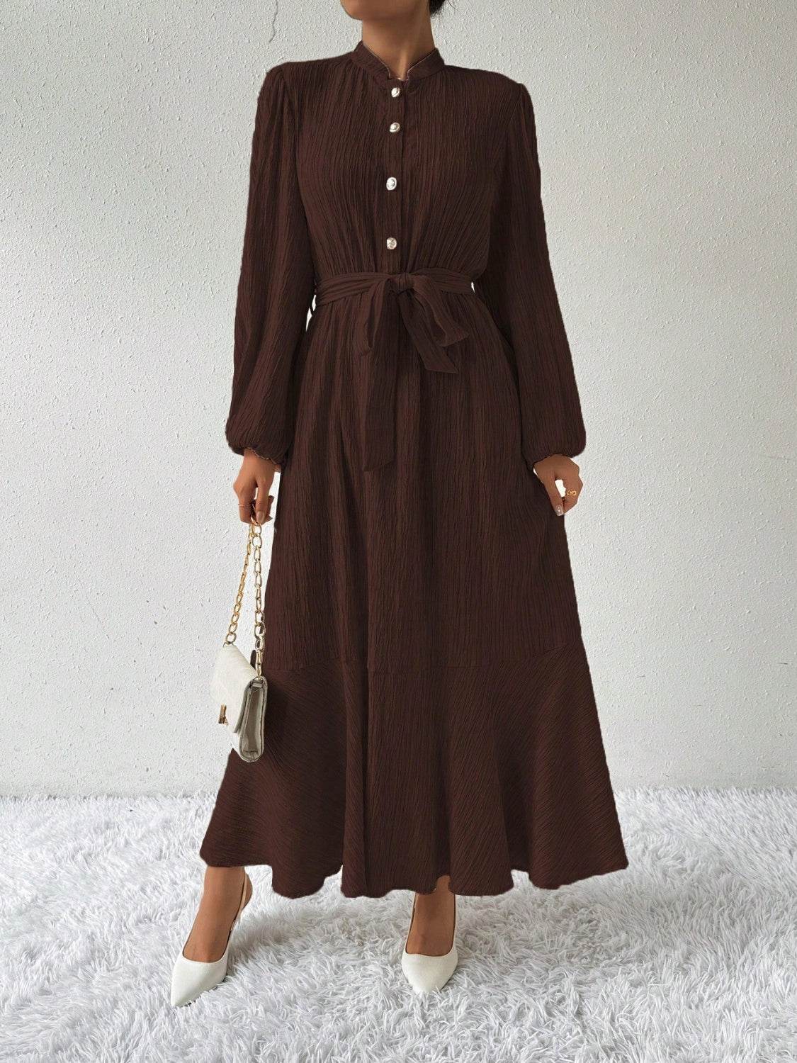 Half Button Tie Waist Long Sleeve Maxi Dress - Delanoir