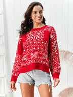 Snowflake Pattern Round Neck Sweater - Delanoir