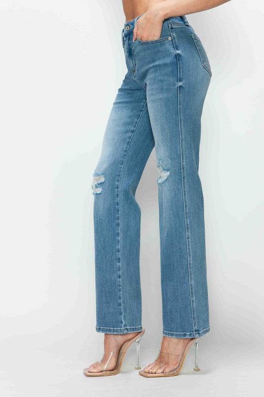 bytos Full Size Distressed High Rise Straight Jeans - Delanoir