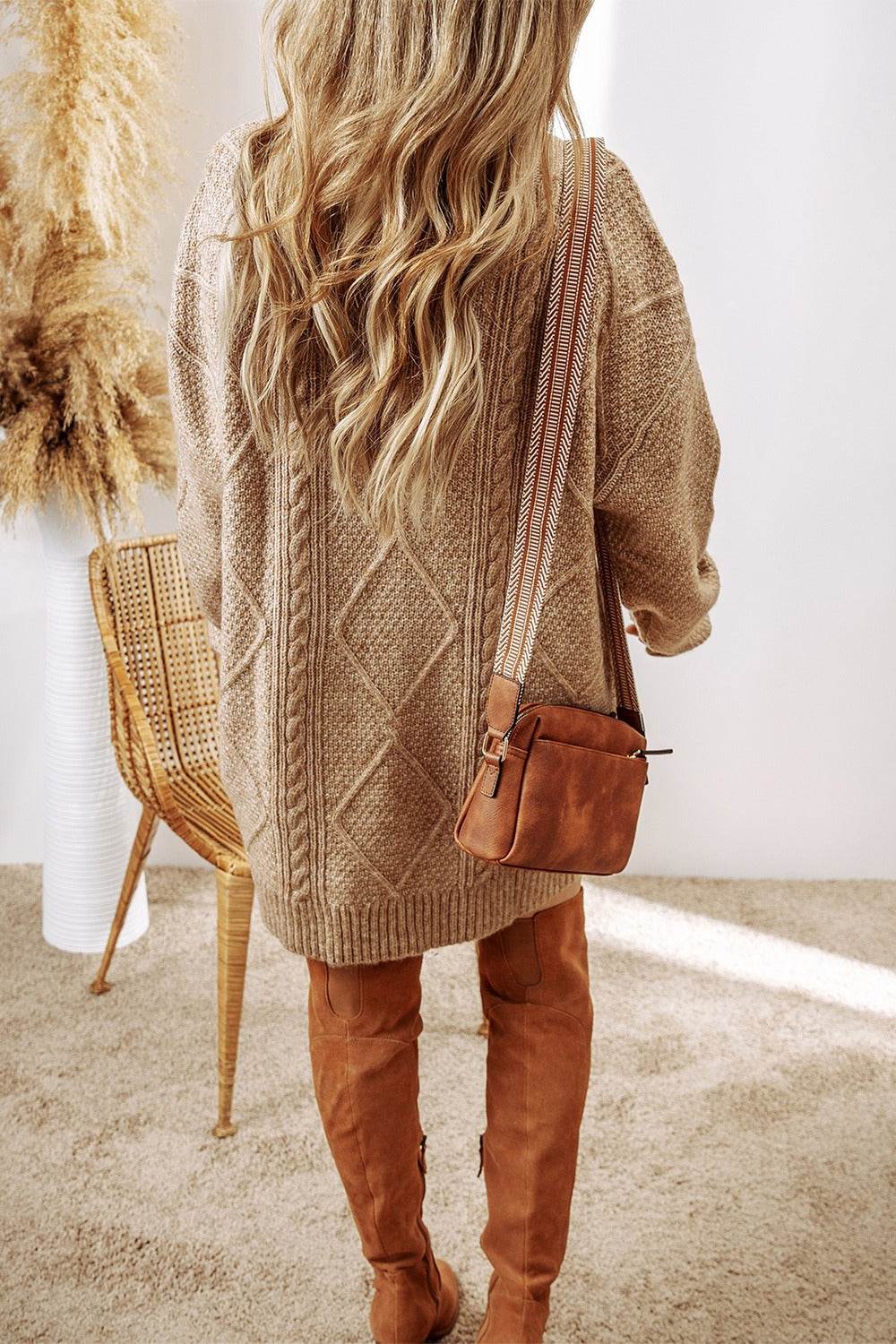 Cable-Knit Round Neck Sweater Dress - Delanoir