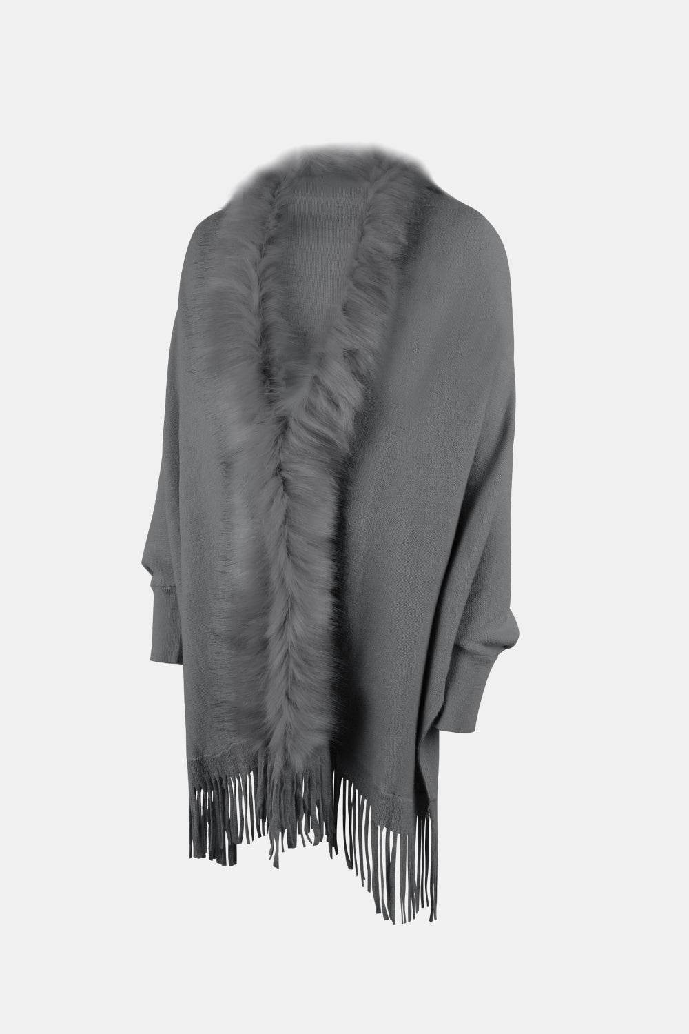 Fringe Open Front Long Sleeve Poncho - Delanoir