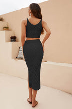 Openwork Cropped Tank and Split Skirt Set - Delanoir