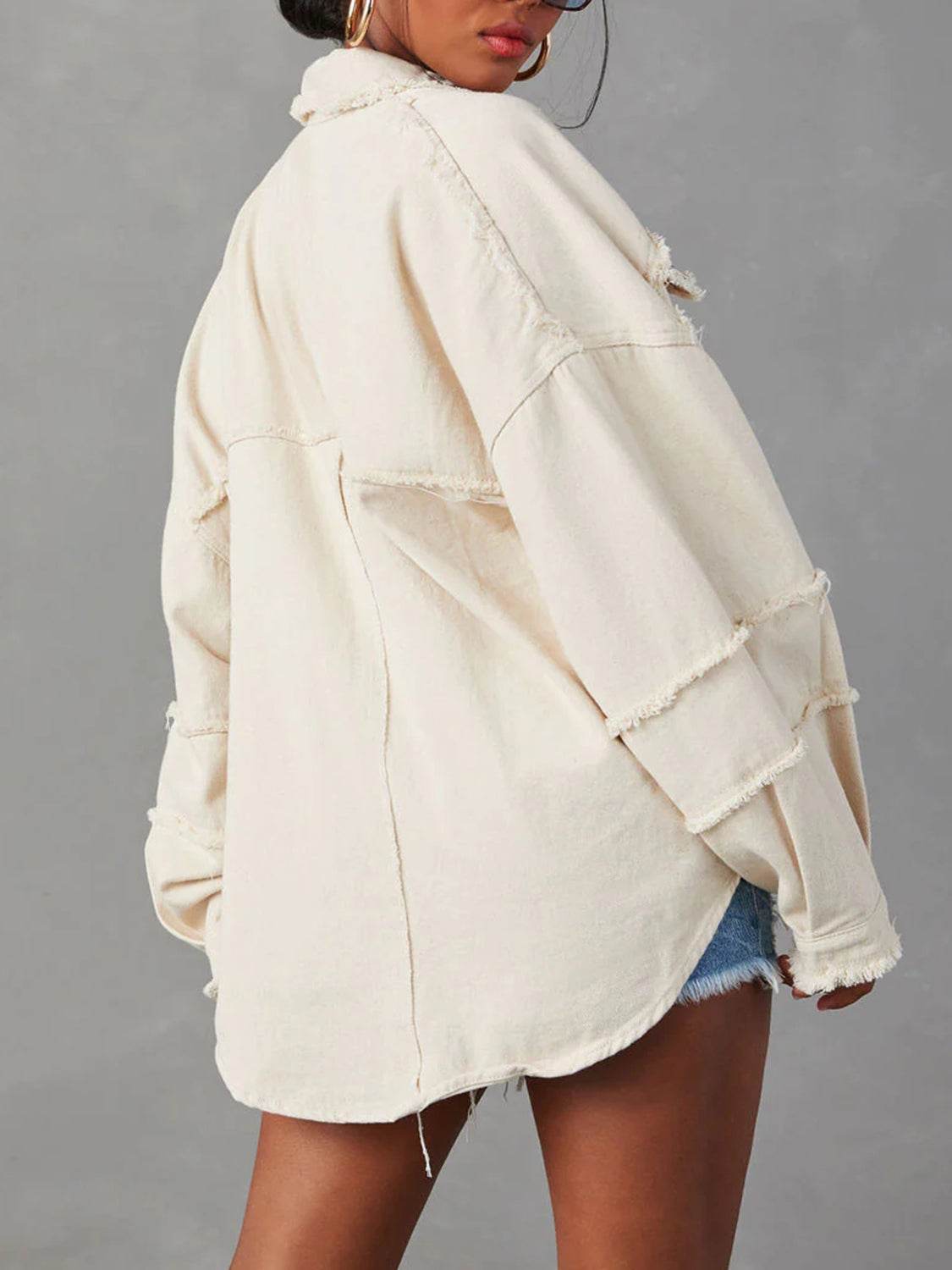 Button Down Raw Hem Denim Jacket - Delanoir