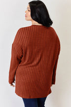 Basic Bae Full Size Ribbed Half Button Long Sleeve High-Low T-Shirt - Delanoir