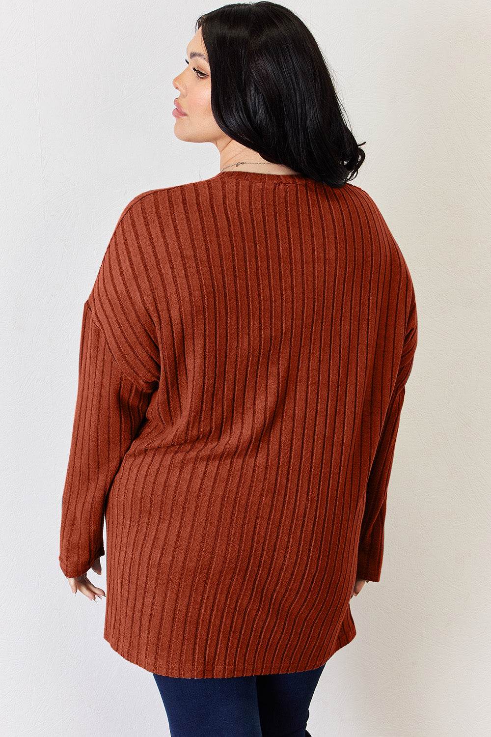 Basic Bae Full Size Ribbed Half Button Long Sleeve High-Low T-Shirt - Delanoir