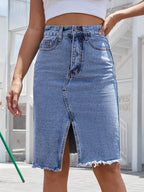 Raw Hem Slit Denim Skirt - Delanoir