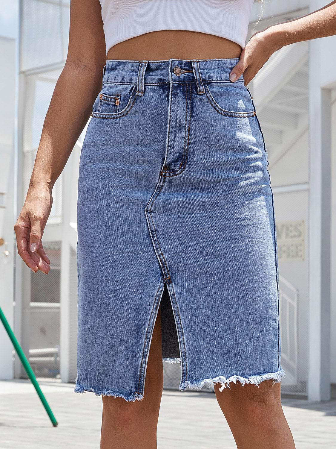 Raw Hem Slit Denim Skirt - Delanoir