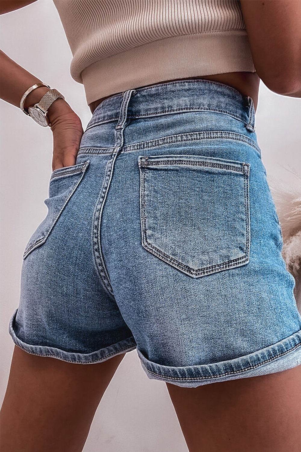 Rhinestone High Waist Denim Shorts - Delanoir