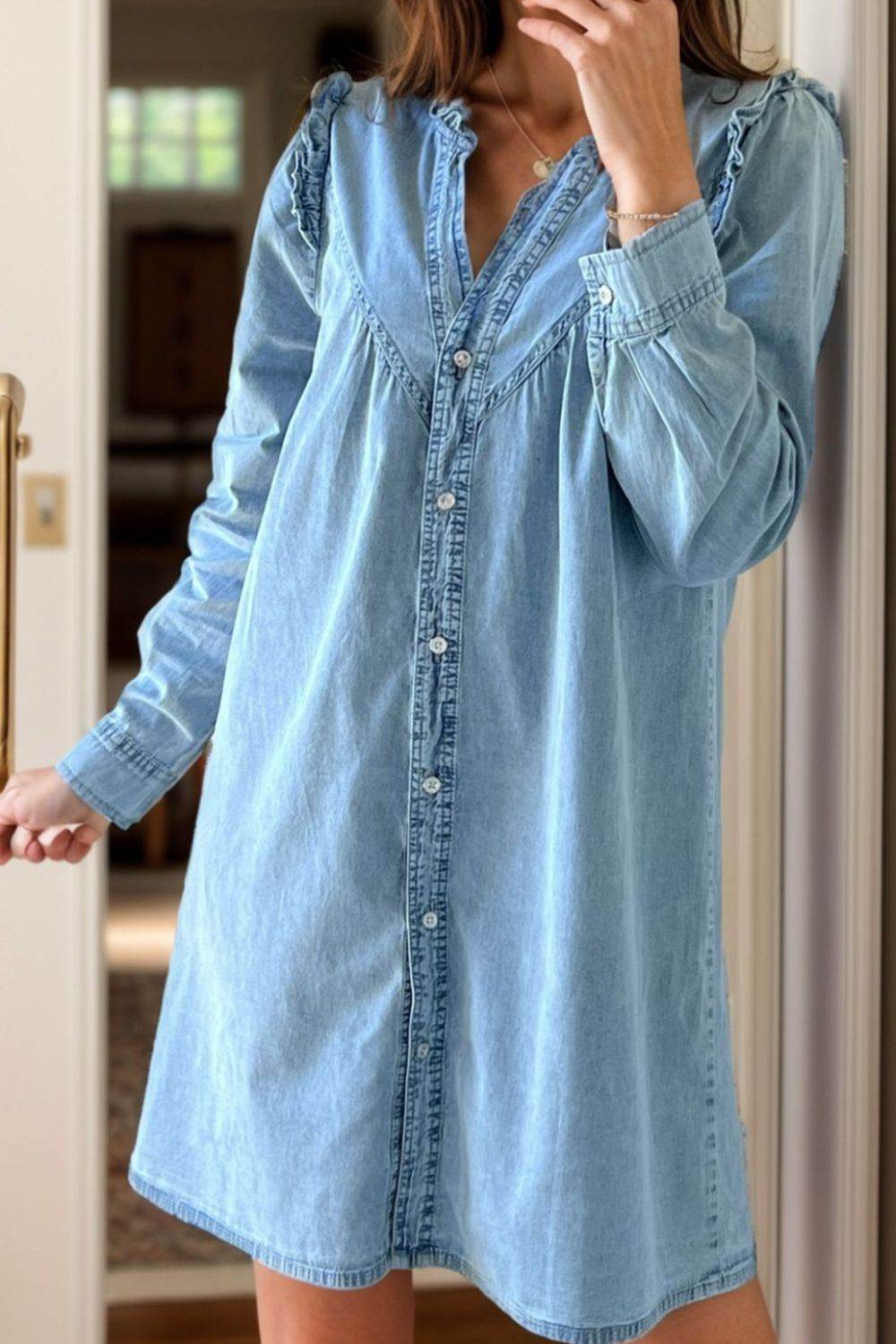 Button Up Notched Long Sleeve Denim Dress - Delanoir
